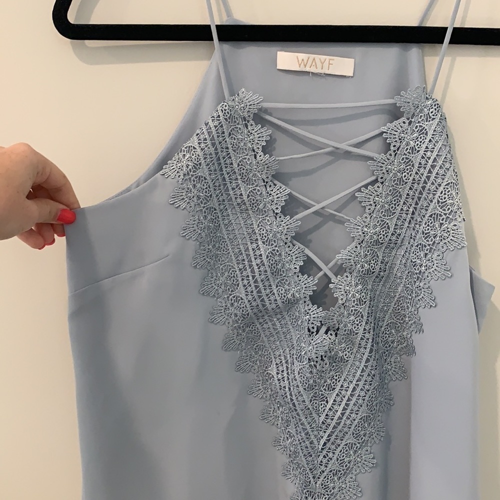 Wayf Blue Lace Up Spaghetti Strap Blouse Flowy Spring Easter Summer Tank Top - Picture 6 of 11